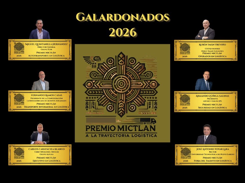 Cuadro de honor de los ganadores del Premio Mictlán 2026, mostrando retratos de Miguel Quintanilla Hernández, Rubén Imán Treviño, Fernando Ramos Casas, Armando Zúñiga Salinas, Carlos Caratachea Blanco, e Ing. José Antonio Tovar Lara con sus respectivas categorías
